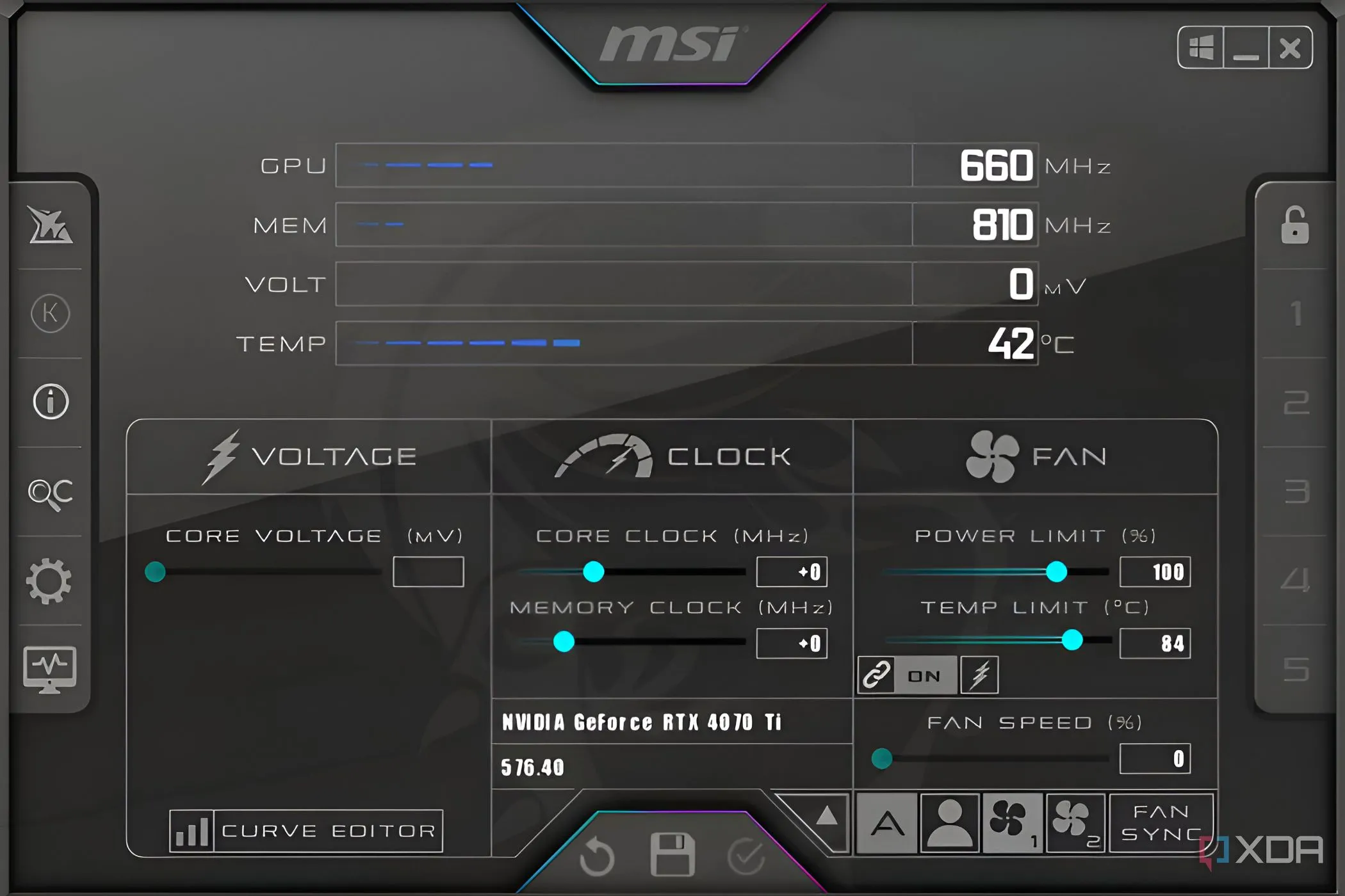 MSI Afterburner hiển thị nhiệt độ và điện áp GPU trên Windows 11