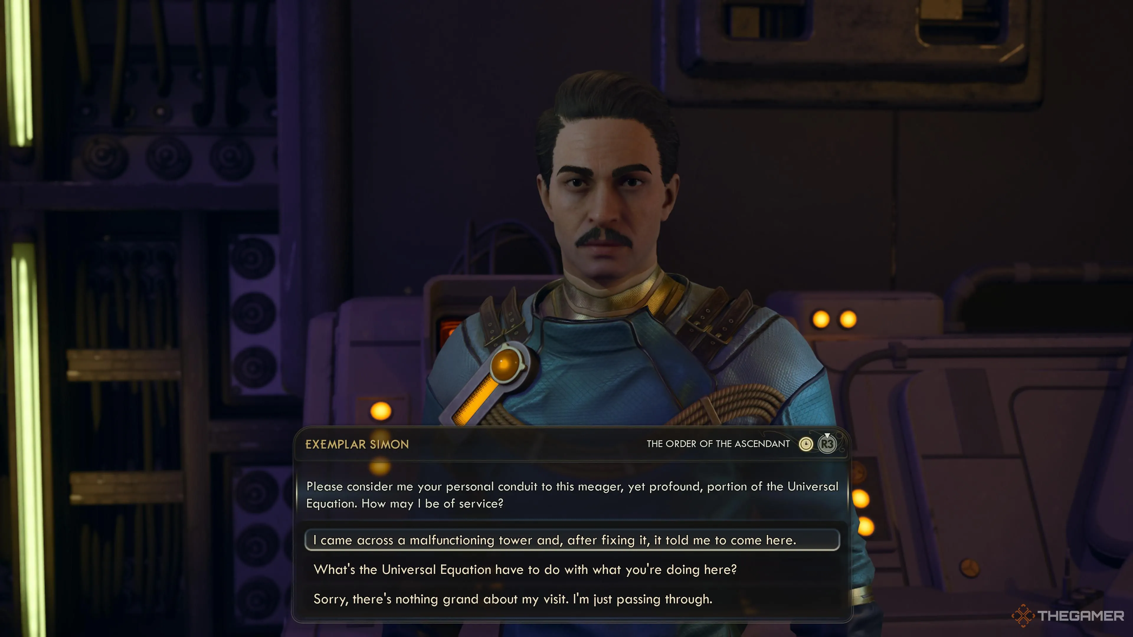 Người chơi trao đổi với Exemplar Simon về cột sét hỏng trong The Outer Worlds 2.