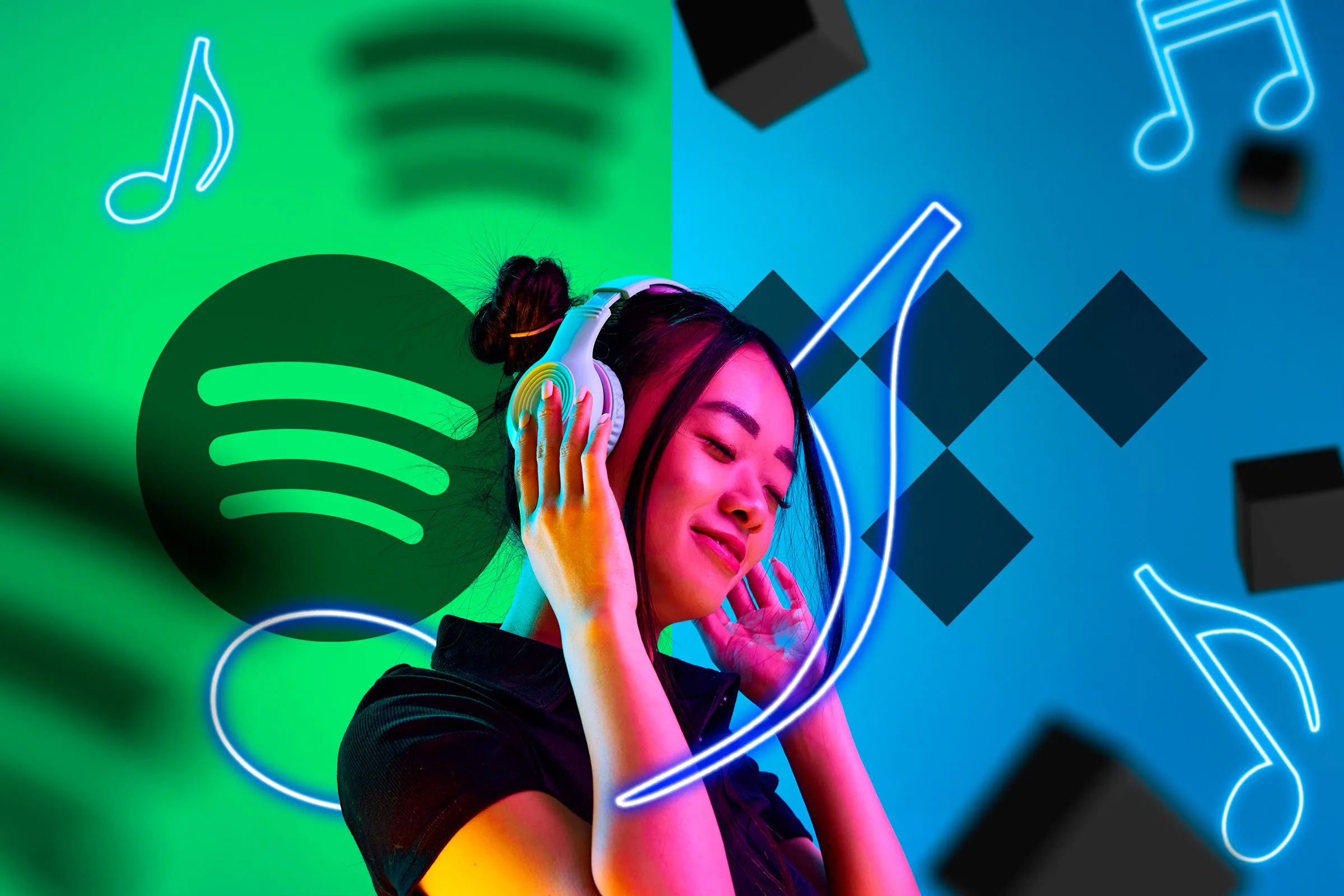Người nghe tai nghe so sánh Spotify và Tidal — minh họa dịch vụ lossless cạnh tranh