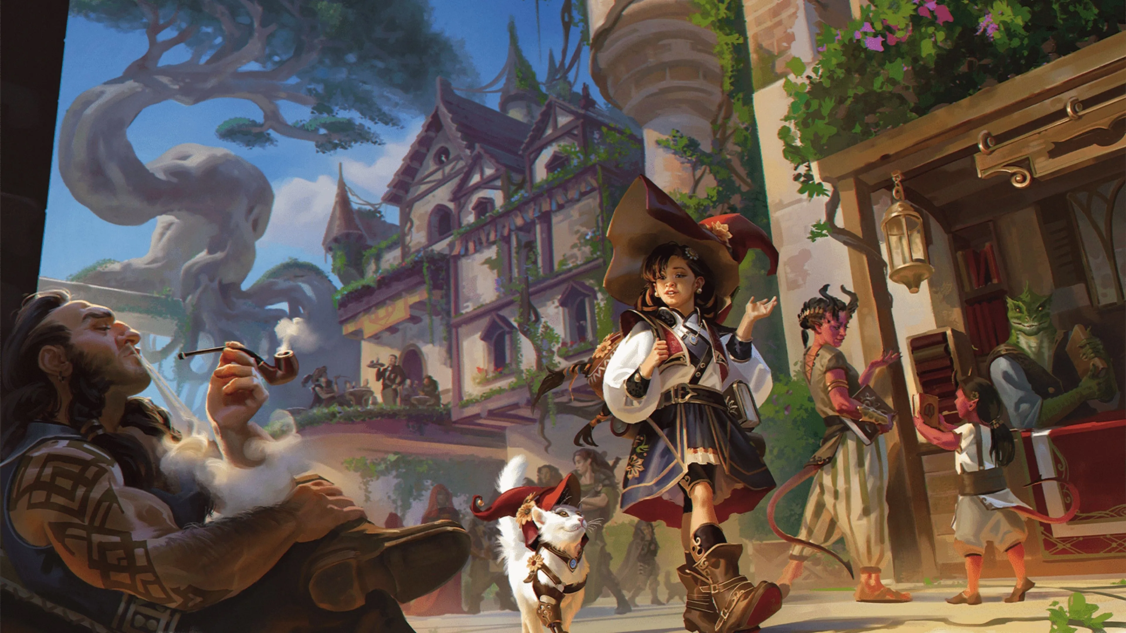 Người phù thủy và thú cưng dạo quanh chợ trong D&D, minh họa cảnh NPC giúp dẫn dắt người chơi