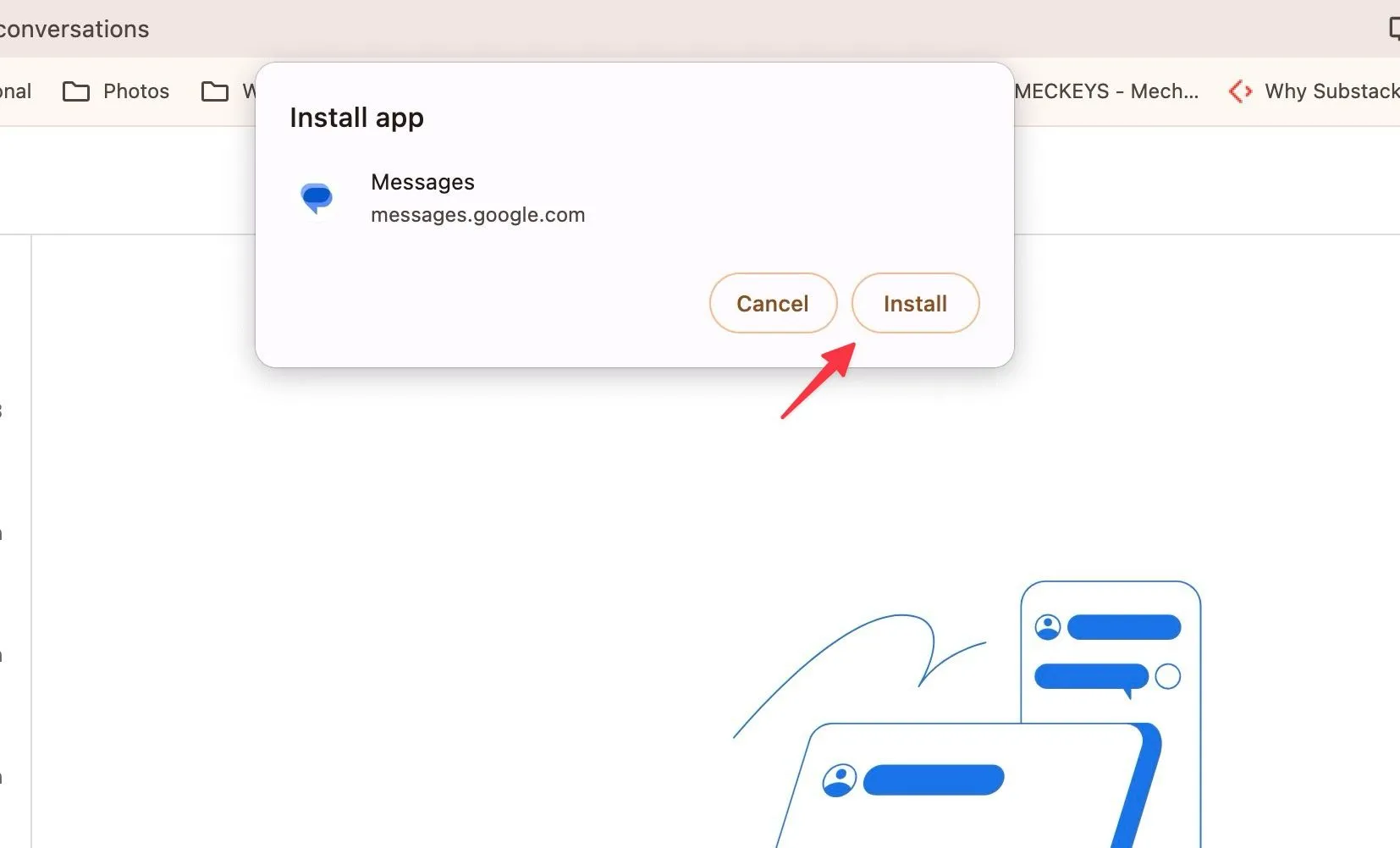 Nút Install trong hộp thoại cài web app Messages trên Chrome để thêm vào máy tính