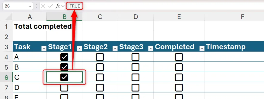 Ô chứa checkbox đã được tick hiển thị giá trị TRUE trên thanh công thức