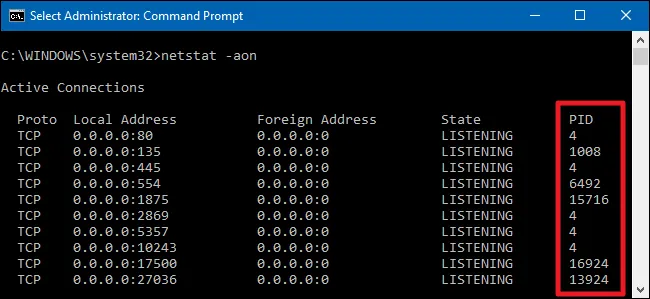 PID liên kết với cổng hiển thị trong netstat và Task Manager để dò ứng dụng.