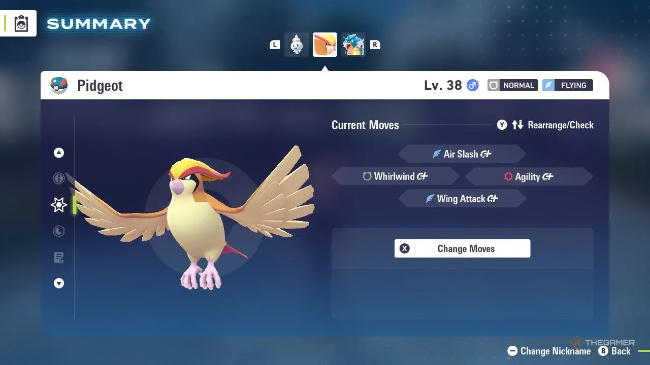Pidgeot trên menu Pokemon Legends Z-A, khoe cánh rộng và move set đa dạng