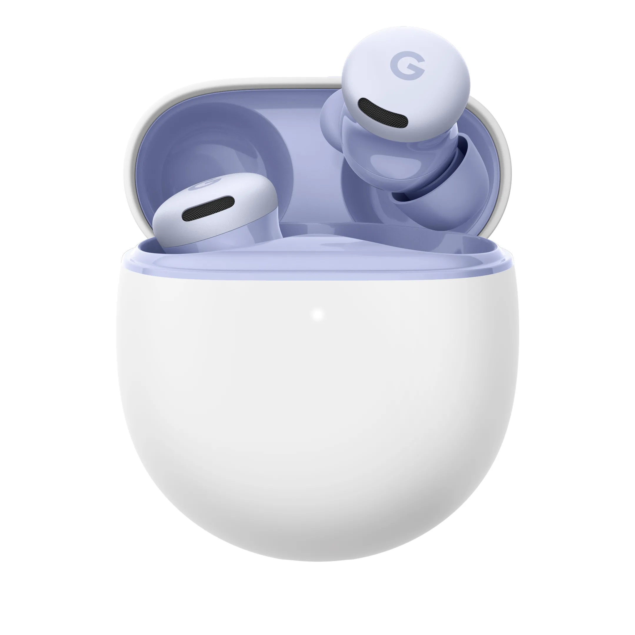 Pixel Buds 2a và case sạc trắng — minh họa phụ kiện thay thế như eartips, case sạc và tai nghe rời