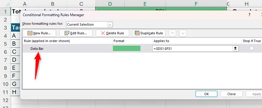 Quản lý rule Data Bar để thiết lập giá trị Min=0, Max=1 cho thanh tiến độ