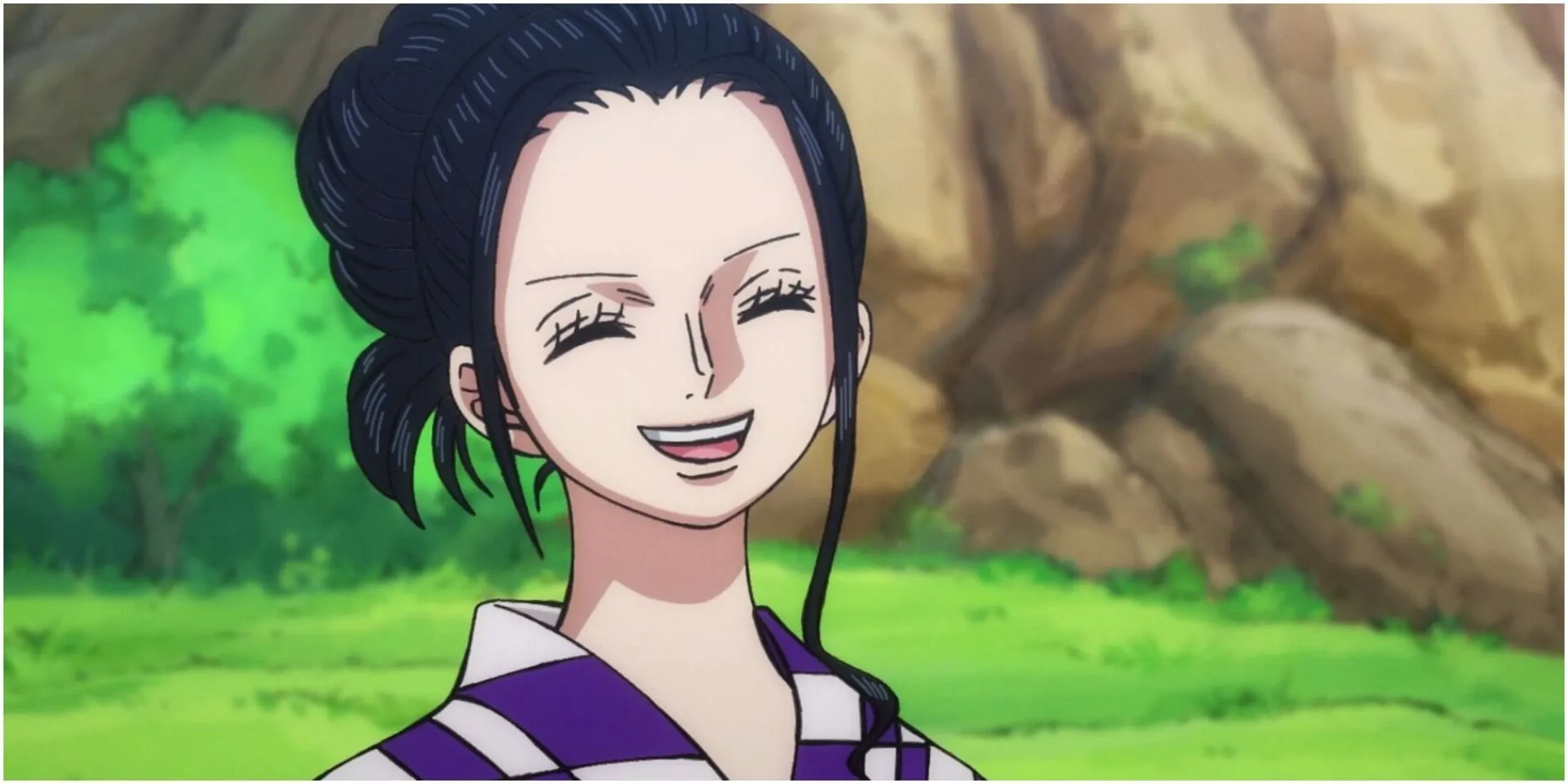 Robin cười bên đồng đội Mũ Rơm trong One Piece