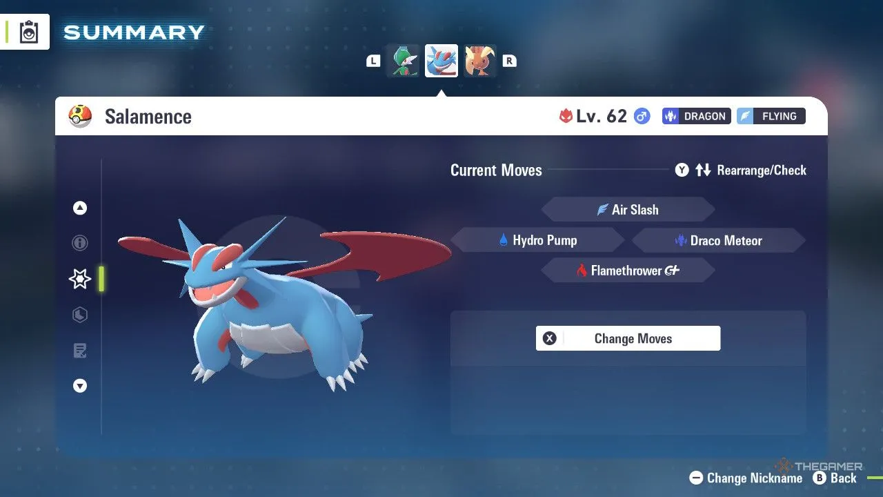 Salamence trên menu Pokemon Legends Z-A, tư thế oai vệ và sẵn sàng phun gió mạnh
