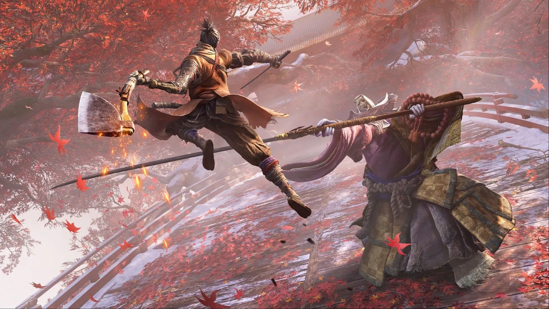 Sekiro sử dụng rìu nạp để tấn công True Corrupted Monk, minh họa parry và timing trong các trận đấu khó.