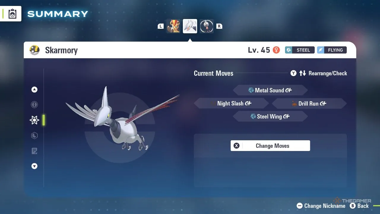 Skarmory đứng im trong menu Pokemon Legends Z-A, bộ giáp thép sáng loáng
