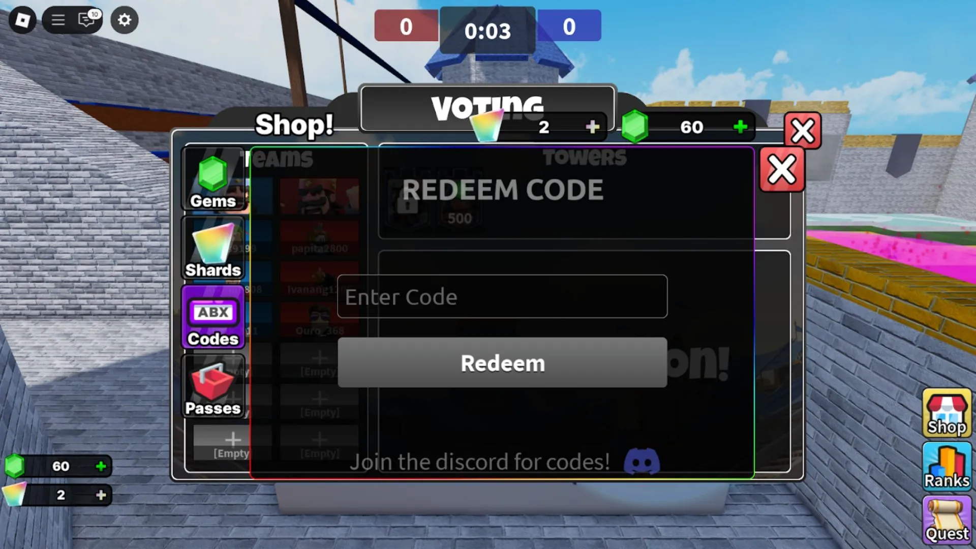 Tab nhập mã trong Clashers Royale trên Roblox