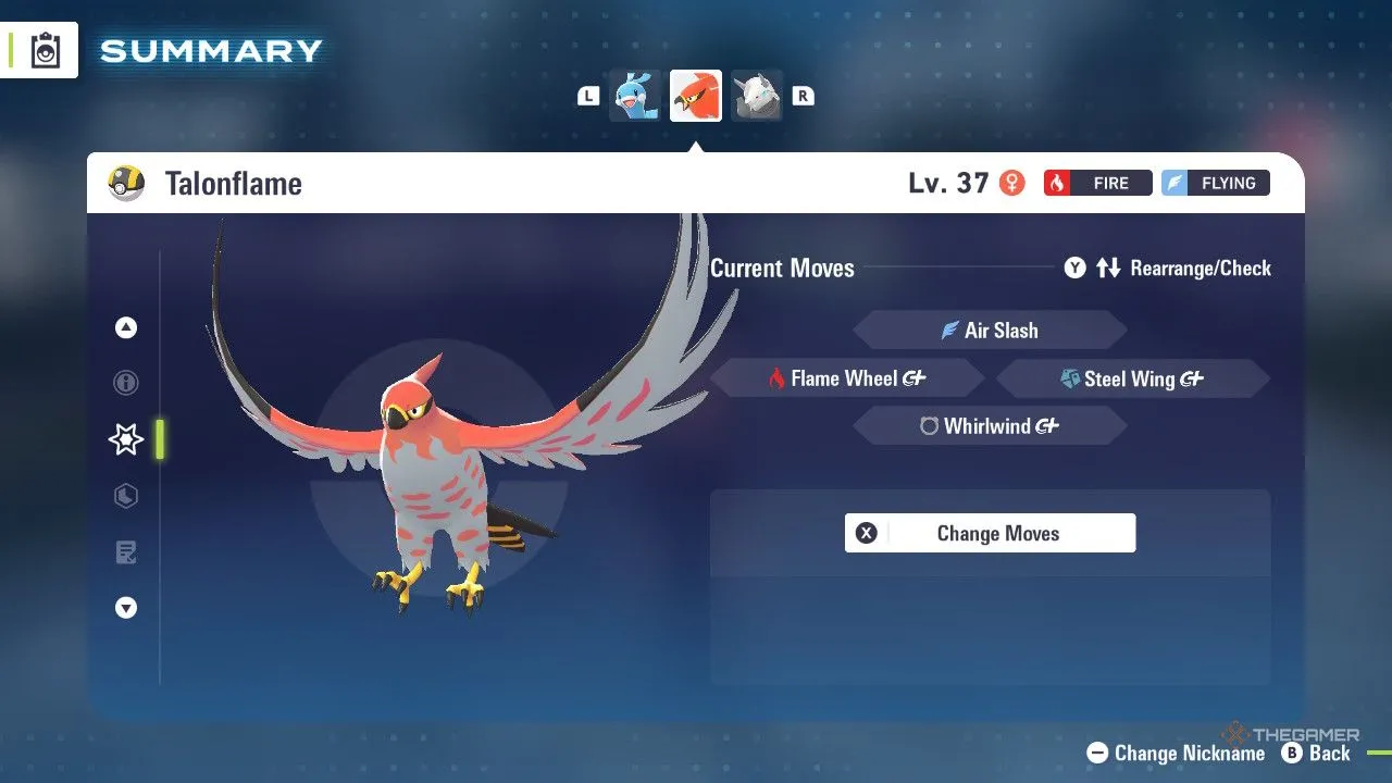 Talonflame trong menu Pokemon Legends Z-A, sải cánh rực lửa chuẩn phong cách tấn công nhanh