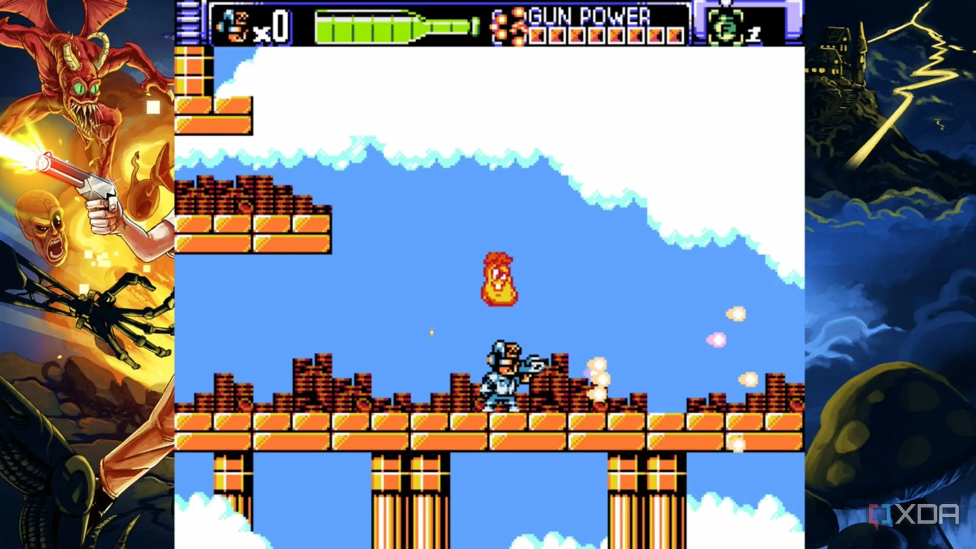 The Nerd và Shit Pickle trên màn chơi Angry Video Game Nerd 8-Bit, minh họa power-up giúp người chơi vượt chướng ngại