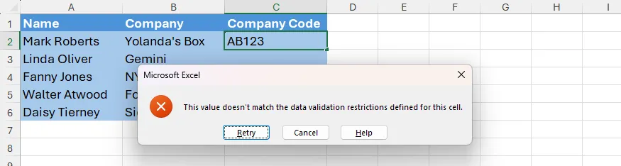 Thông báo lỗi data validation khi nhập mã công ty không hợp lệ trong Excel
