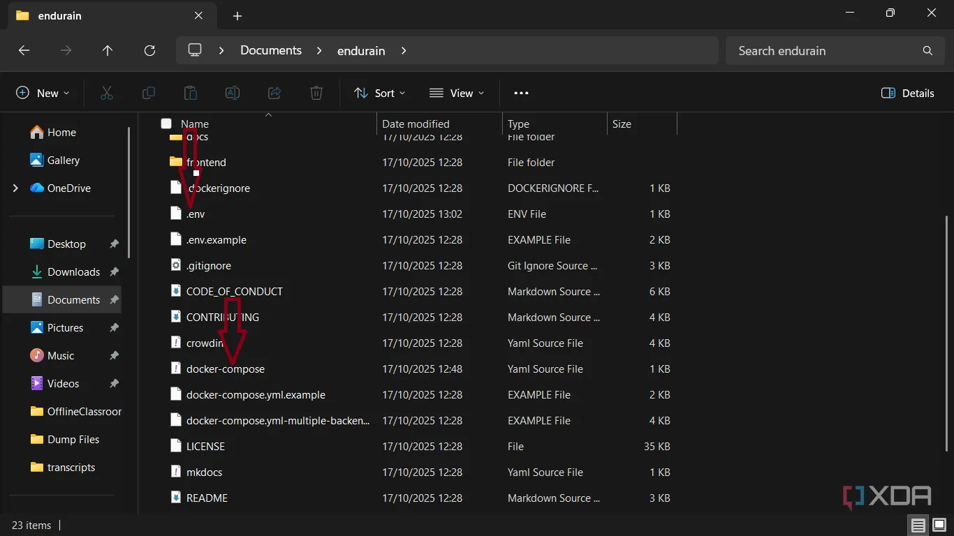 Thư mục Endurain lưu trữ file .env và docker-compose để deploy bằng Docker Compose