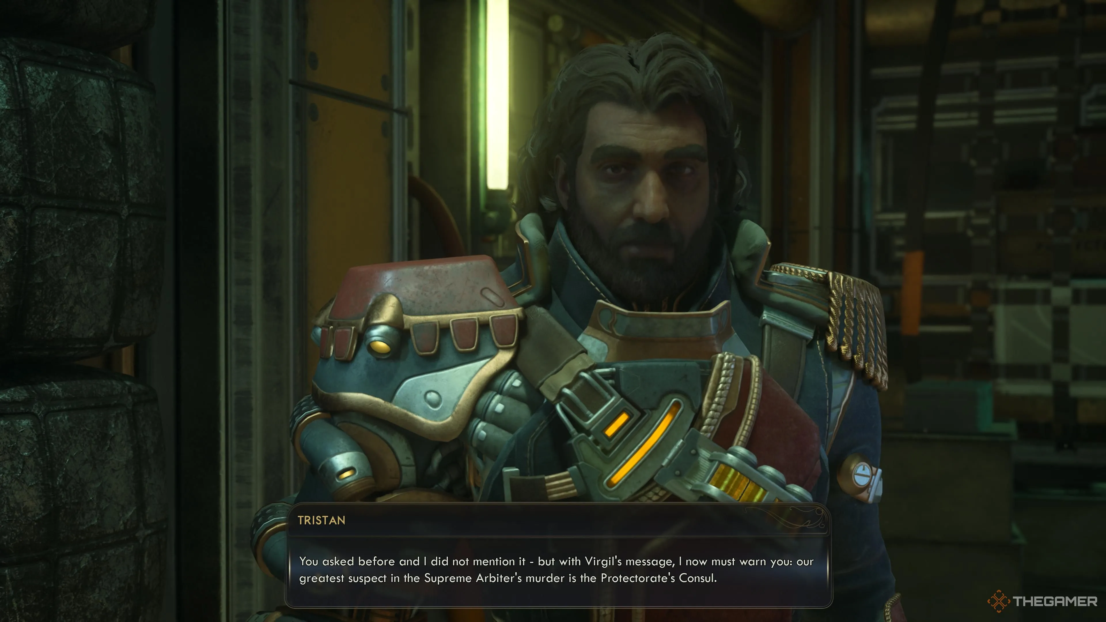 Tristan nói chuyện về Virgil và Supreme Arbiter trong The Outer Worlds 2.