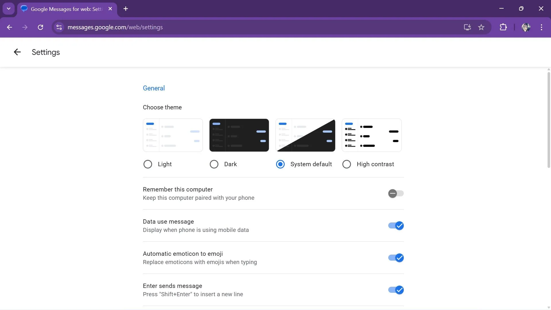 Tùy chọn giao diện Theme và cài đặt thông báo trong Google Messages web để chuyển chế độ Dark hoặc Light