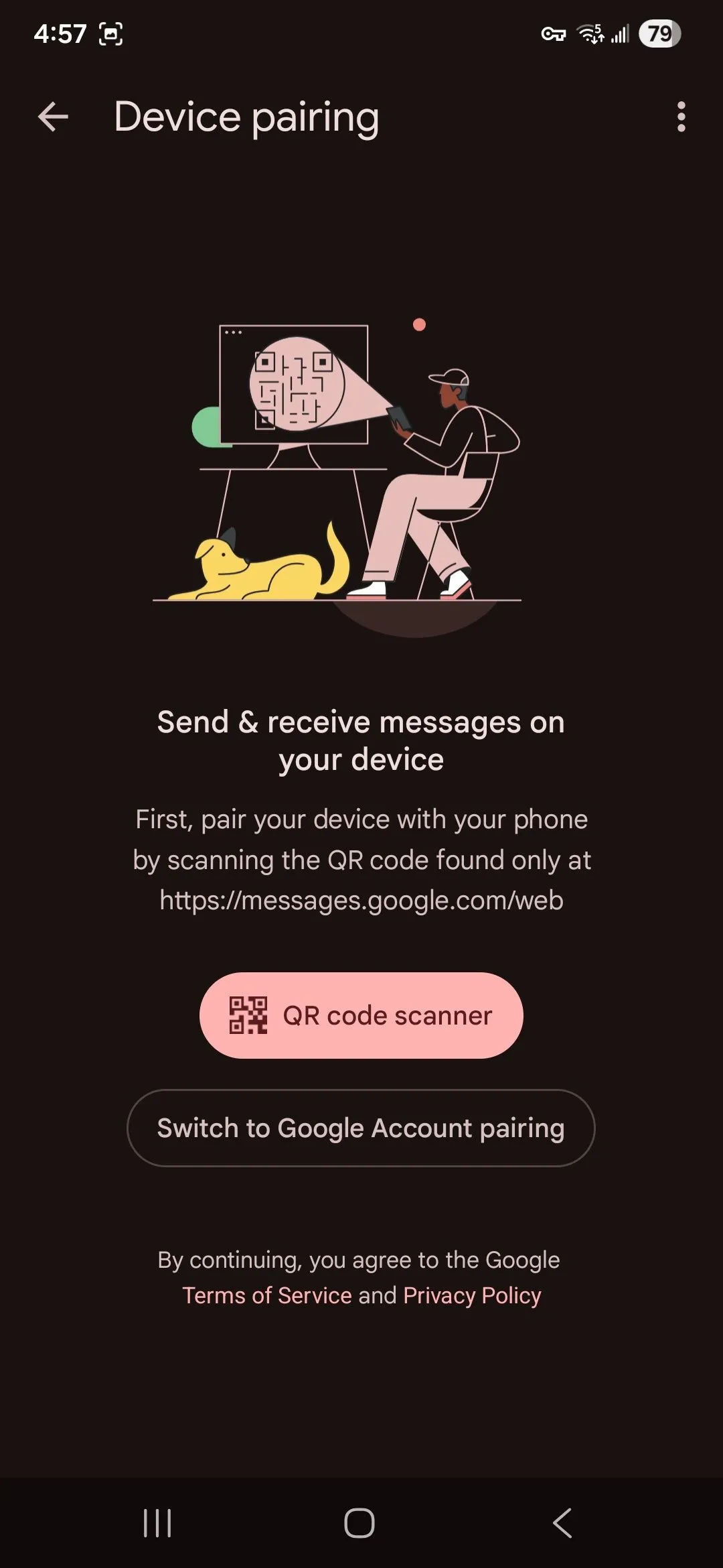 Tùy chọn quét mã QR trong app Google Messages để ghép nối với máy tính