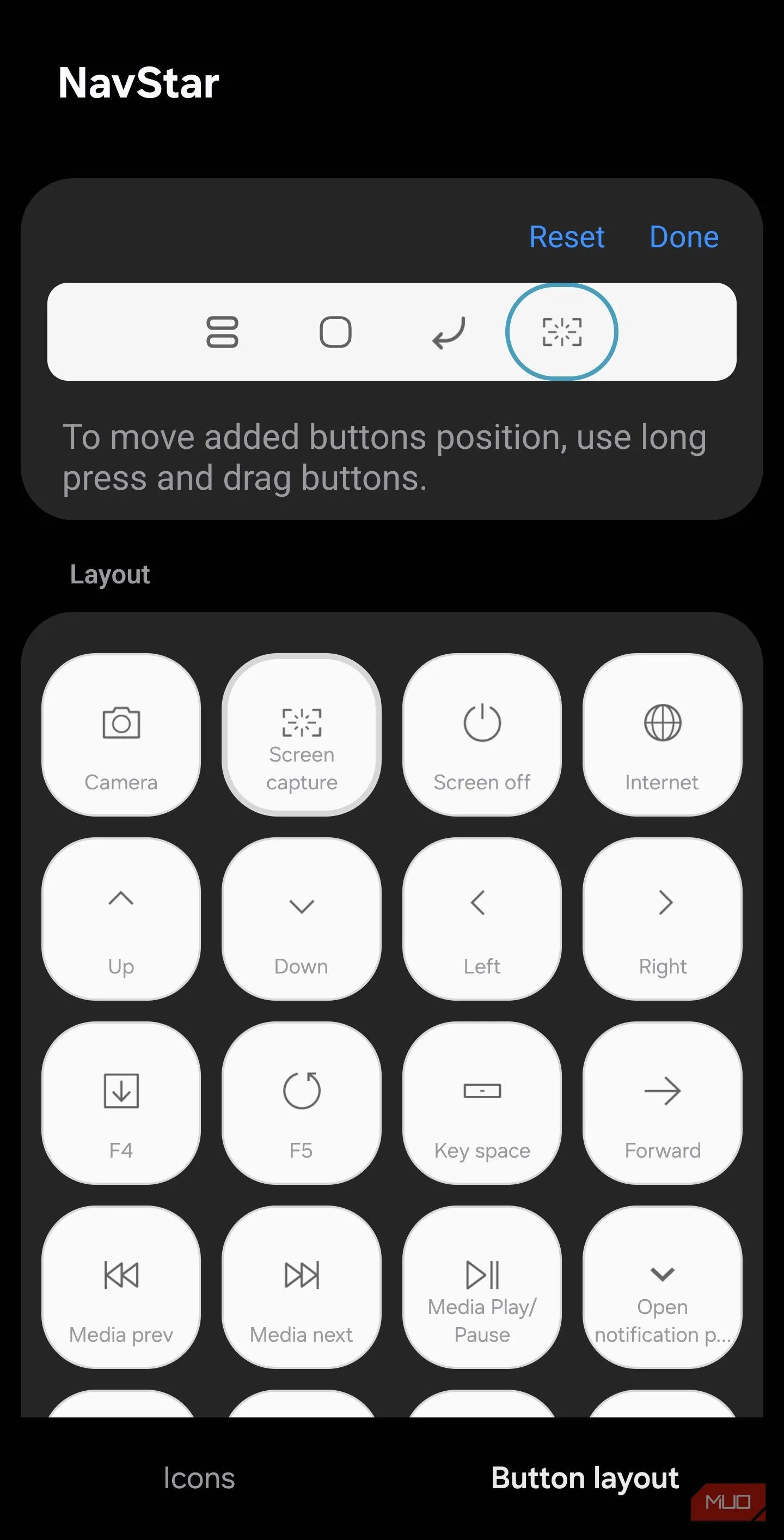 Tùy chọn thêm nút trong NavStar với lựa chọn Screen capture